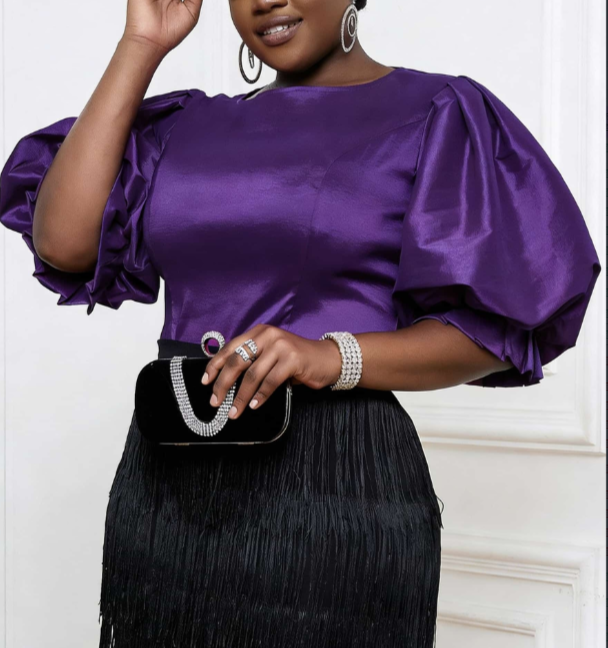 Purple Charm Luxury Elegant Large Bubble Sleeve Satin Waist Shirt