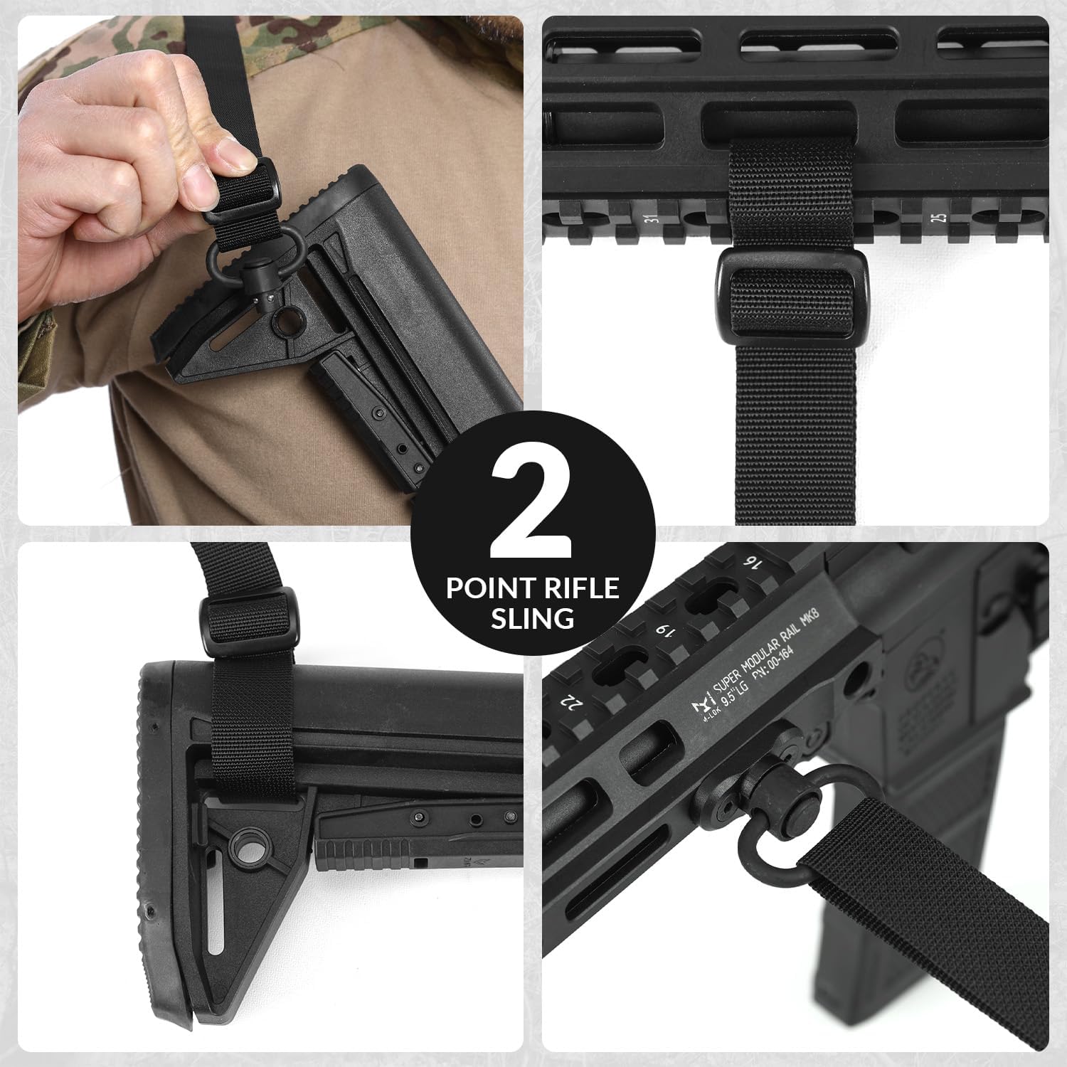 Quick Adjust 2 Point Gun Sling. Multi-Option Install & Sling Management: This rifle sling comes with 2 QD swivels and 2 HK HOOK and a sling management retention device and a sling ring. The sling swivels allow for easy installation to the barrel and butts