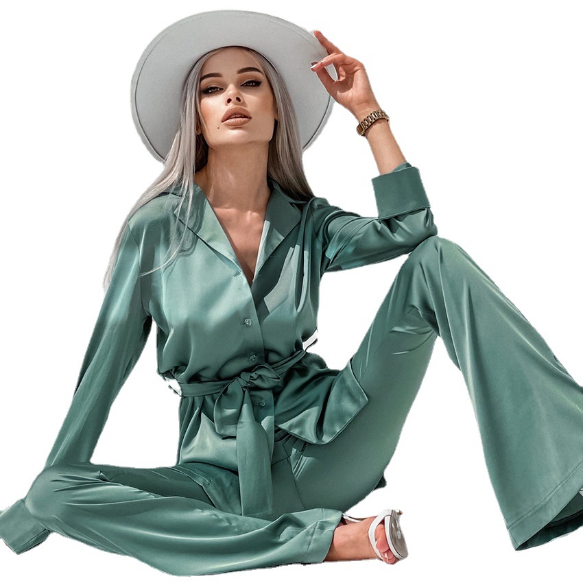 Title 6, Satin Imitation Silk Green Flared Sleeve Long-s...