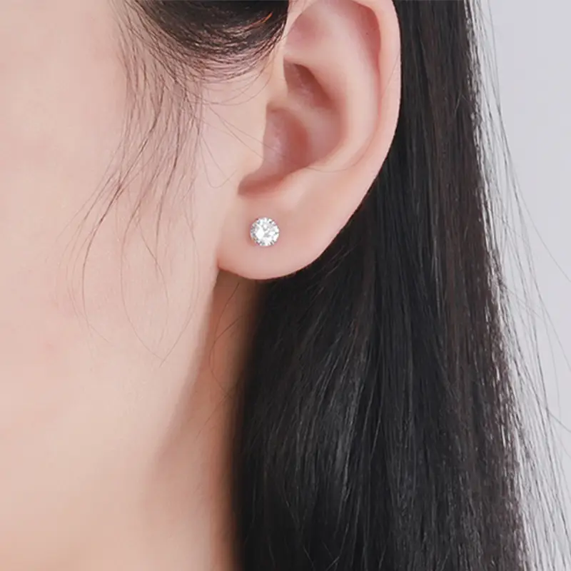 S925 Sterling Silver Zircon Four-claw Round Beads Thread Stud Earrings Female Screw Tightening Buckle Ear Bone Stud Simple Fashion Ear Jewelry