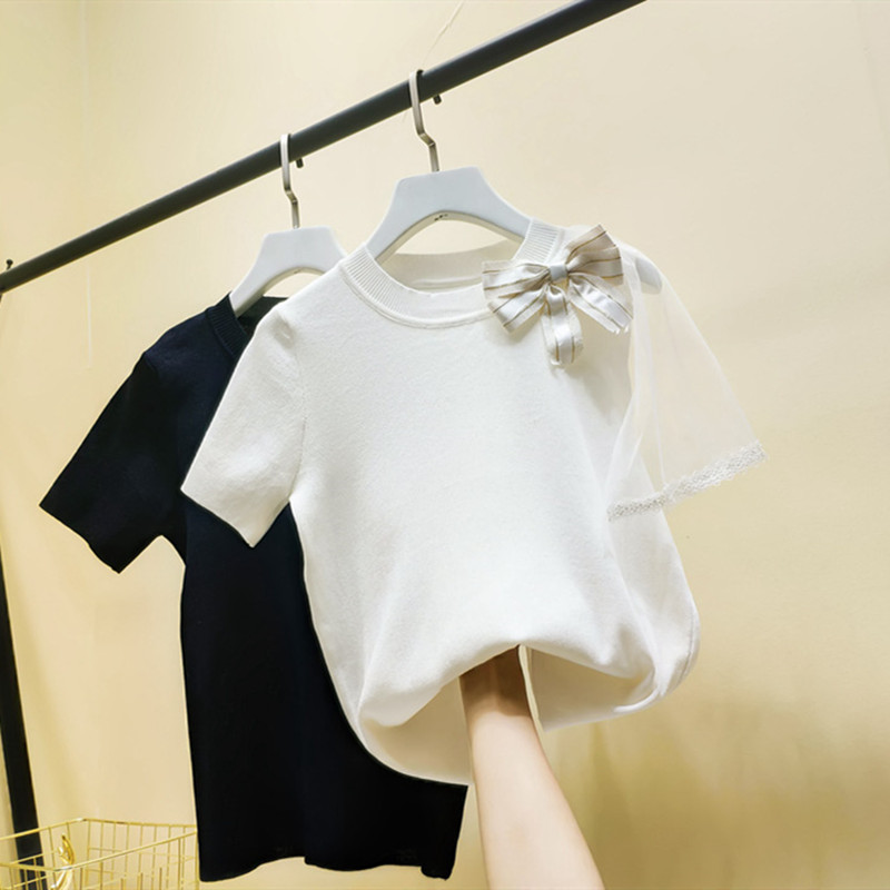 Women's Mesh Stitching Thin Short-sleeved Knitted T-shirt