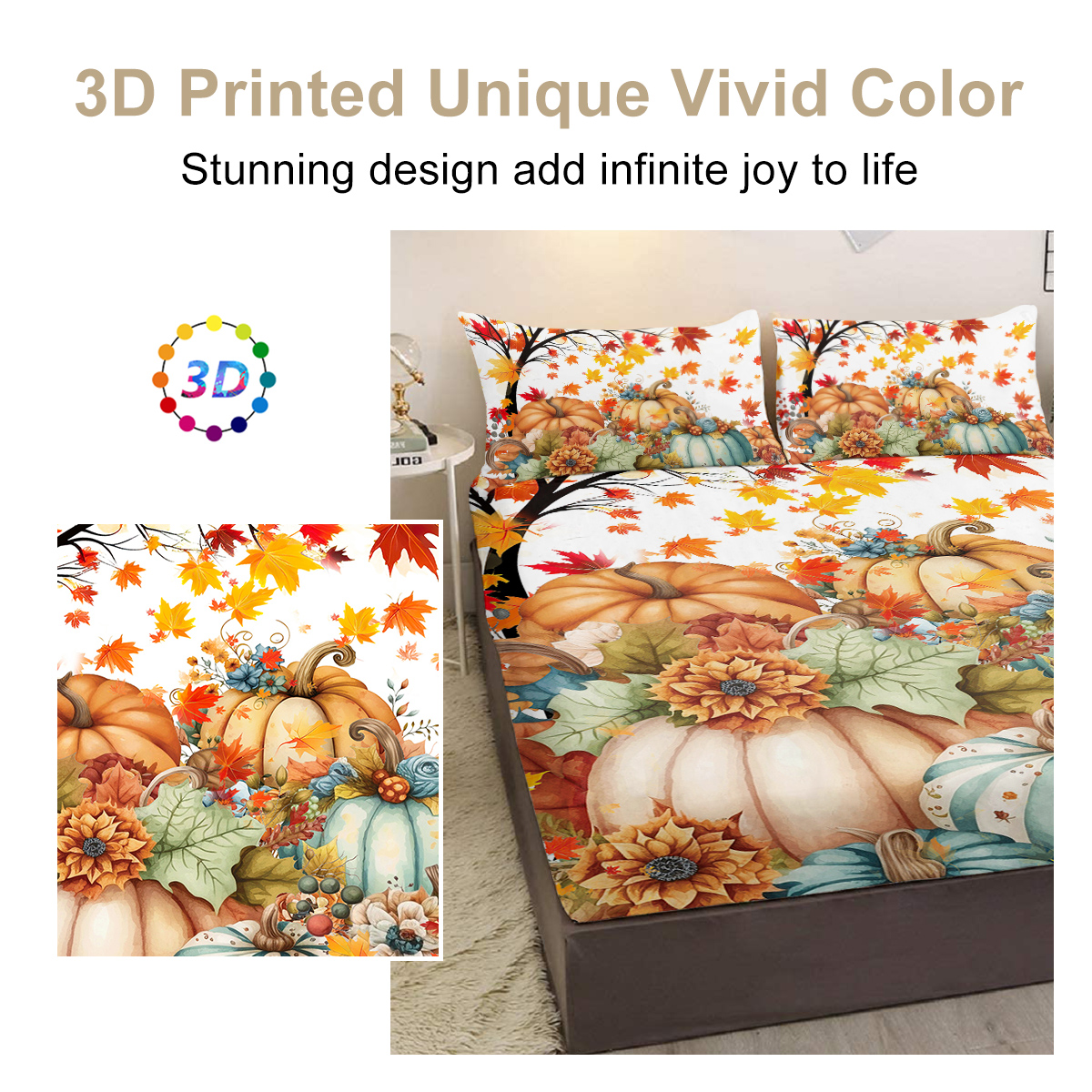 3PCS Pumpkin Flower Printed Bed Fitted Sheet Set, Halloween Bedding Set,1 Fitted Sheet, 2 Pillow Cases