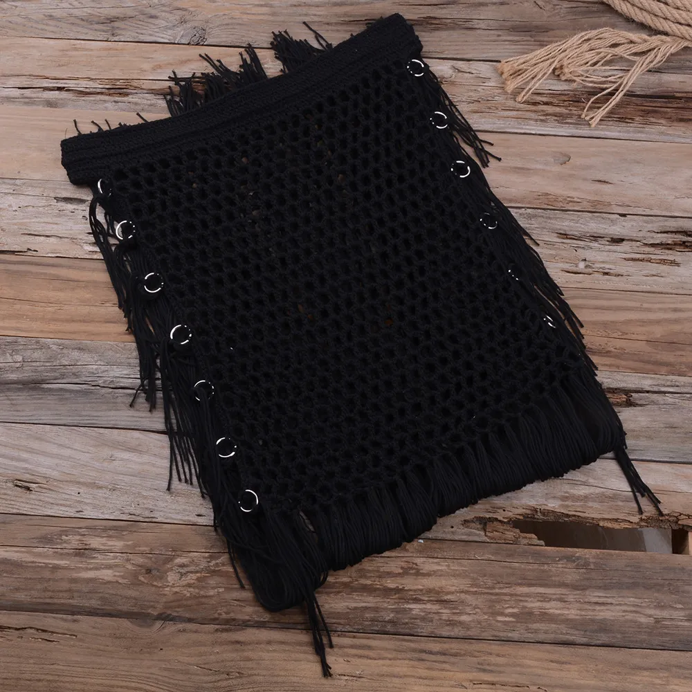 Handwoven Cutout Swimsuit Bikini Maxi Skirt - Black