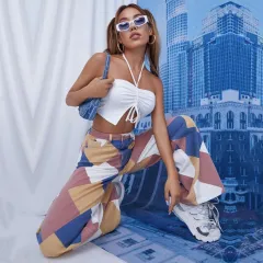 Printed Denim Trousers With High Waist And Large Cylinder - Khaki - View 1