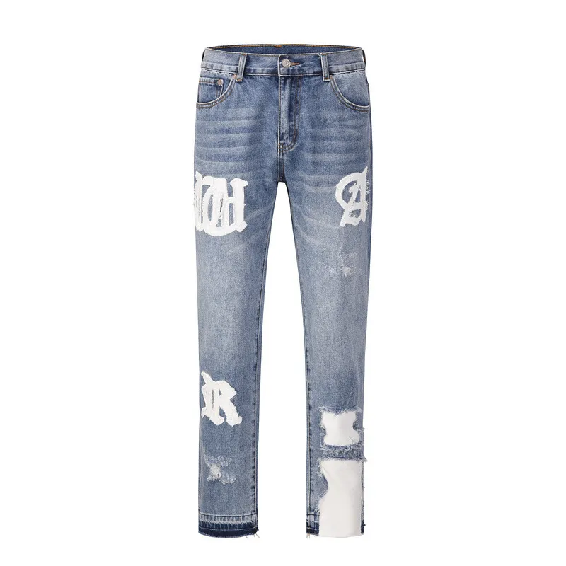 Patchwork Worn Cat Whiskers Denim Beggar Pants - Blue