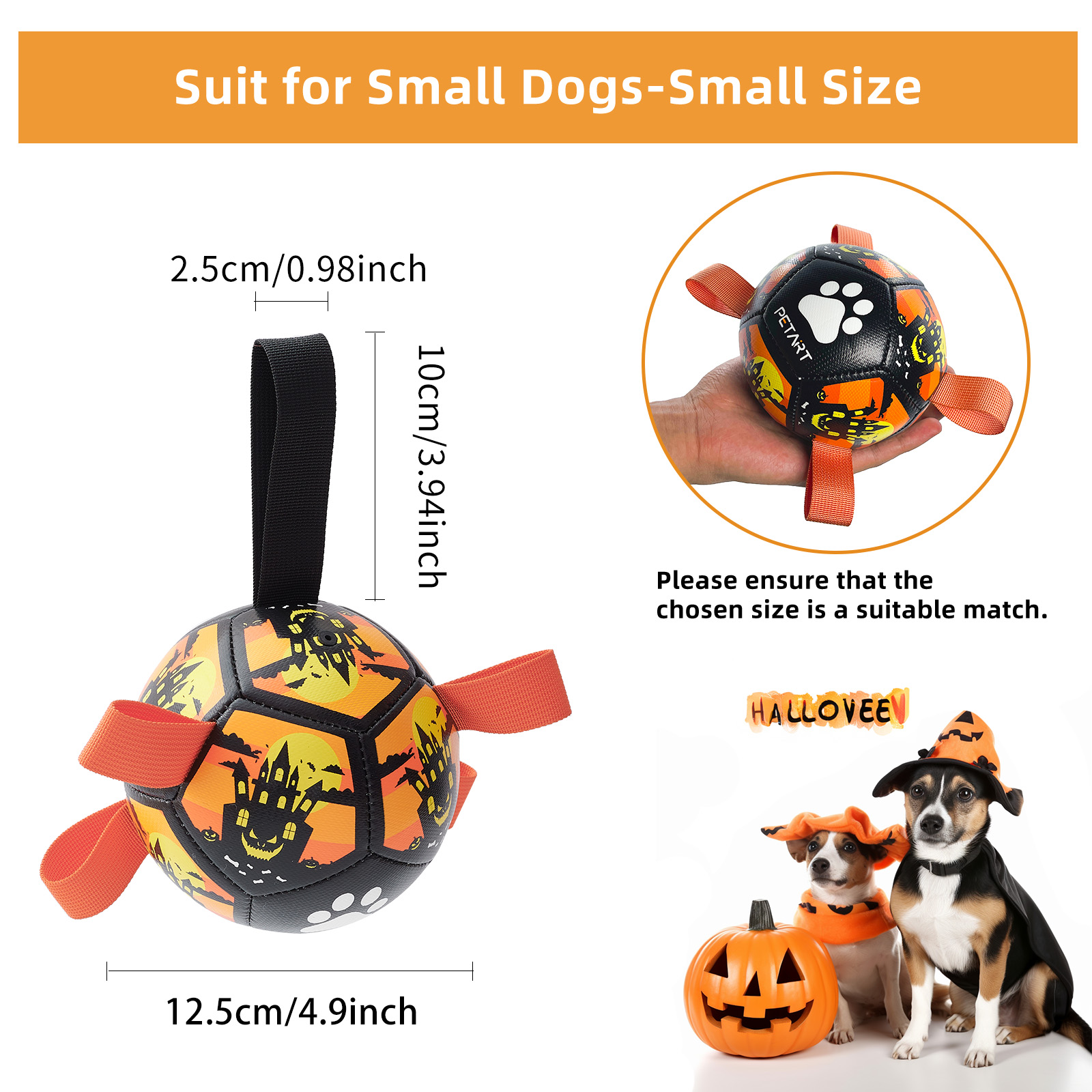 Interactive Dog Soccer Ball with Straps, Small Dog Toy. Active Play Design:  Experience dynamic play with our Dog Football Toy, featuring nylon tabs for an erratic bounce, perfect for fetching, tossing, and interactive training sessions. Versatile Water P