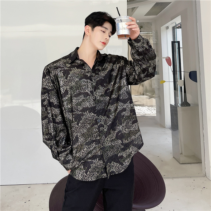 Fashionable Trendy Camouflage Bright Silk Jacquard Casual Shirt For Men