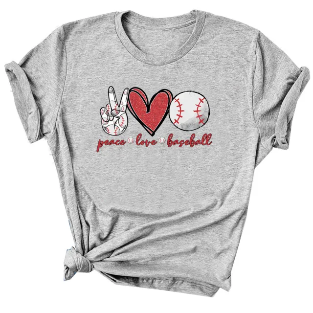 Women's Short sleeved Peace Love Baseball Alphabet T shirt Grey - Shop at LoveMi