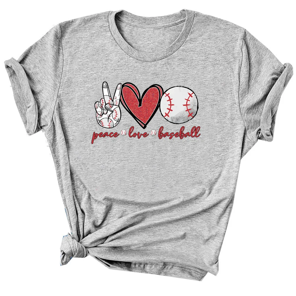 Women's Short-sleeved Peace Love Baseball Alphabet T-shirt - Grey