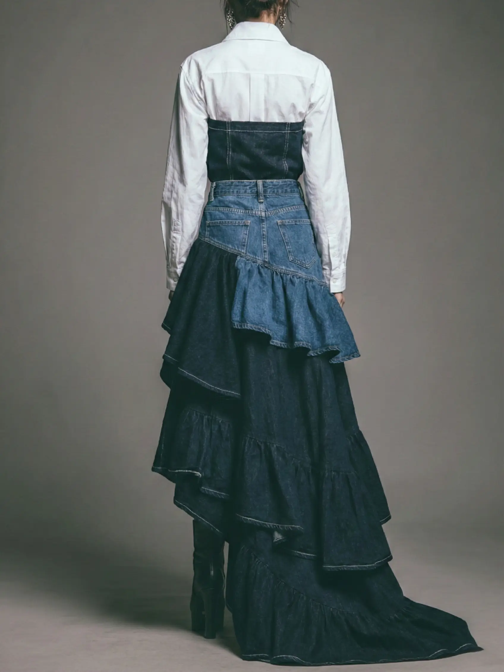 Two-Tone Denim High Waist Asymmetric Multi-Layer Ruffle Midi Skirt
