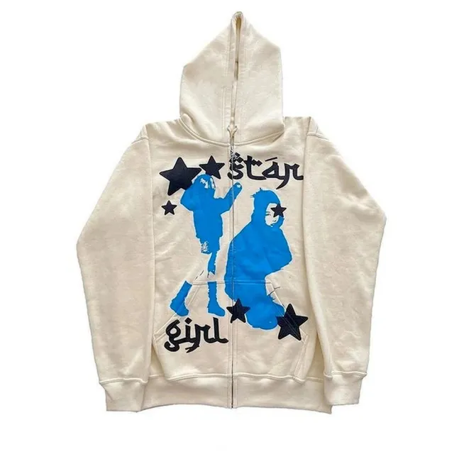 Street Hip Hop Star Print Black Zip Hoodie Sweatshirt Women Apricot - Shop at LoveMi