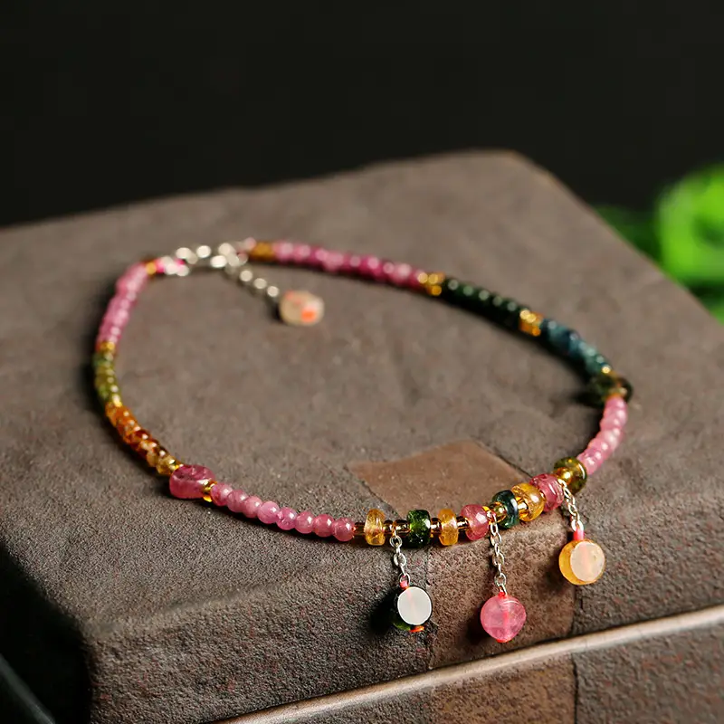 S925 Sterling Silver Small Flat Beads Natural Tourmaline Anklet