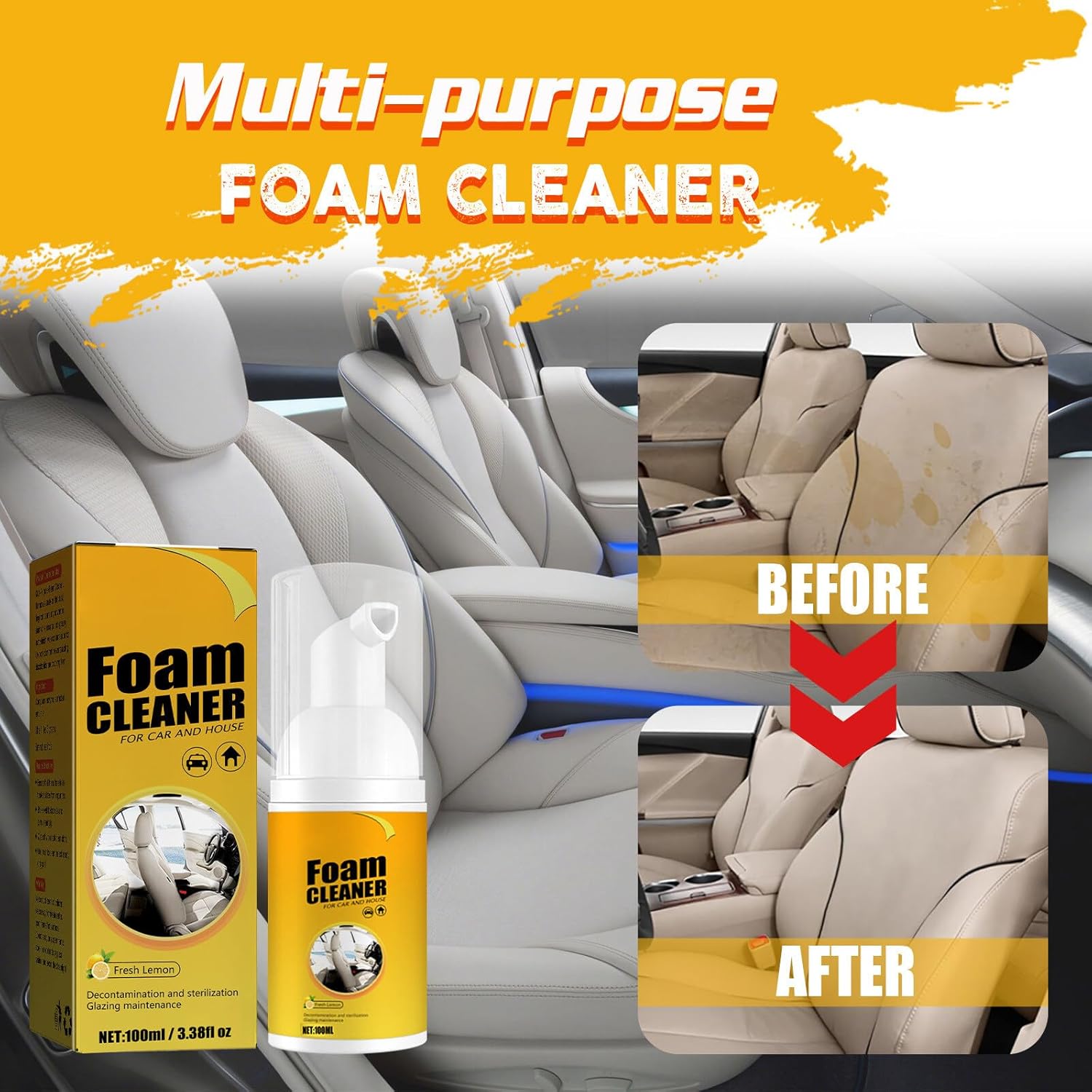 2Pcs Multipurpose Foam Cleaner Spray 100ml, Foam Cleaner For Car And House Lemon Flavor, All-Purpose Household Cleaners For Car And Kitchen 6