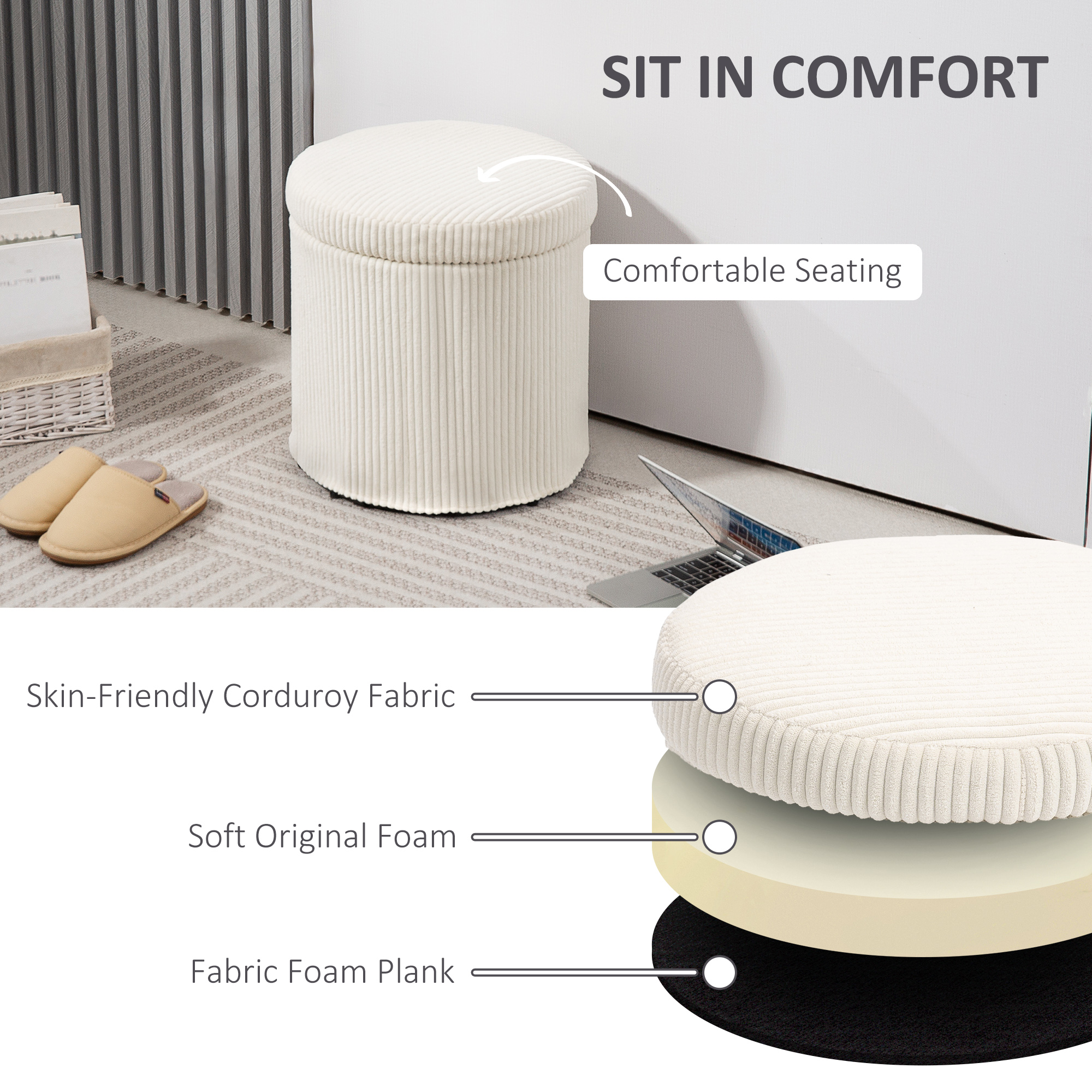 40cm Round Storage Footstool, Made Of Corduroy Material, With Detachable Lid — image 8