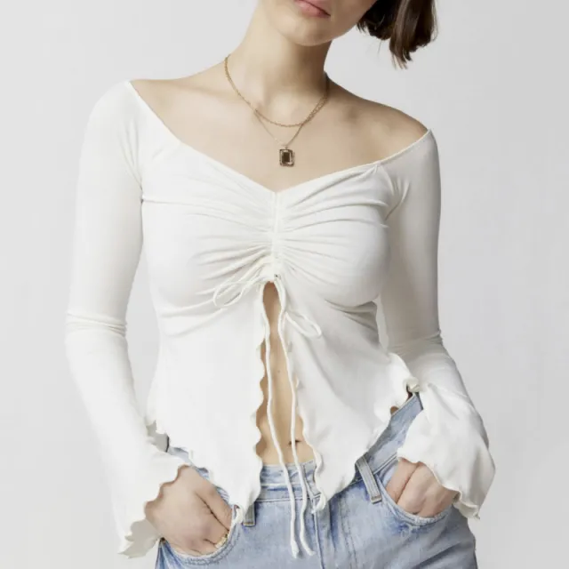 Two wear Top Wooden Ear Edge Horn Sleeve Sexy Off the shoulder Long Sleeve T shirt Woman White - Shop at LoveMi