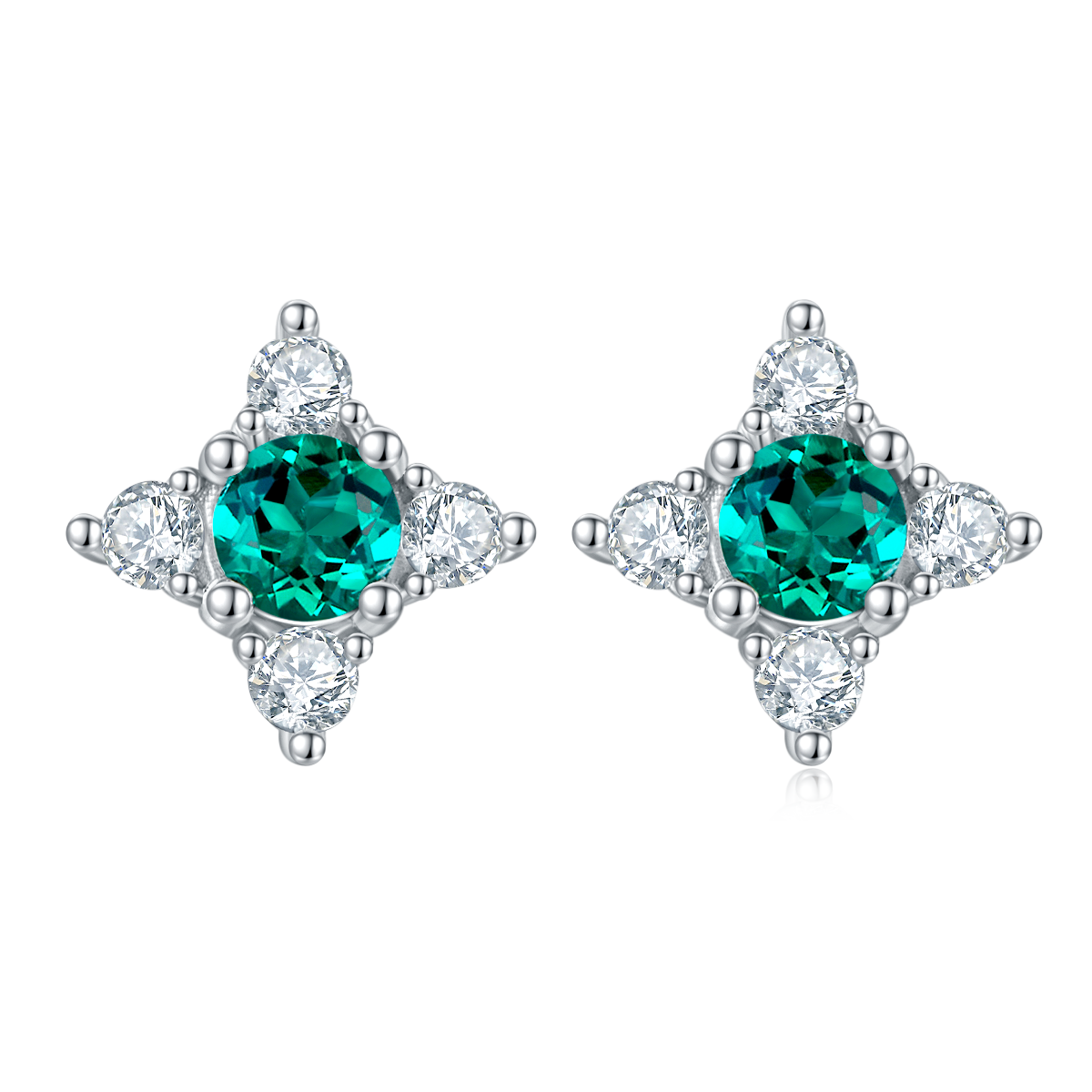S925 Sterling Silver Star Flower Stud Earrings, 3.5mm Lab-Grown Emerald, Platinum Plated 1g Women's Lightweight Jewelry Gift Box