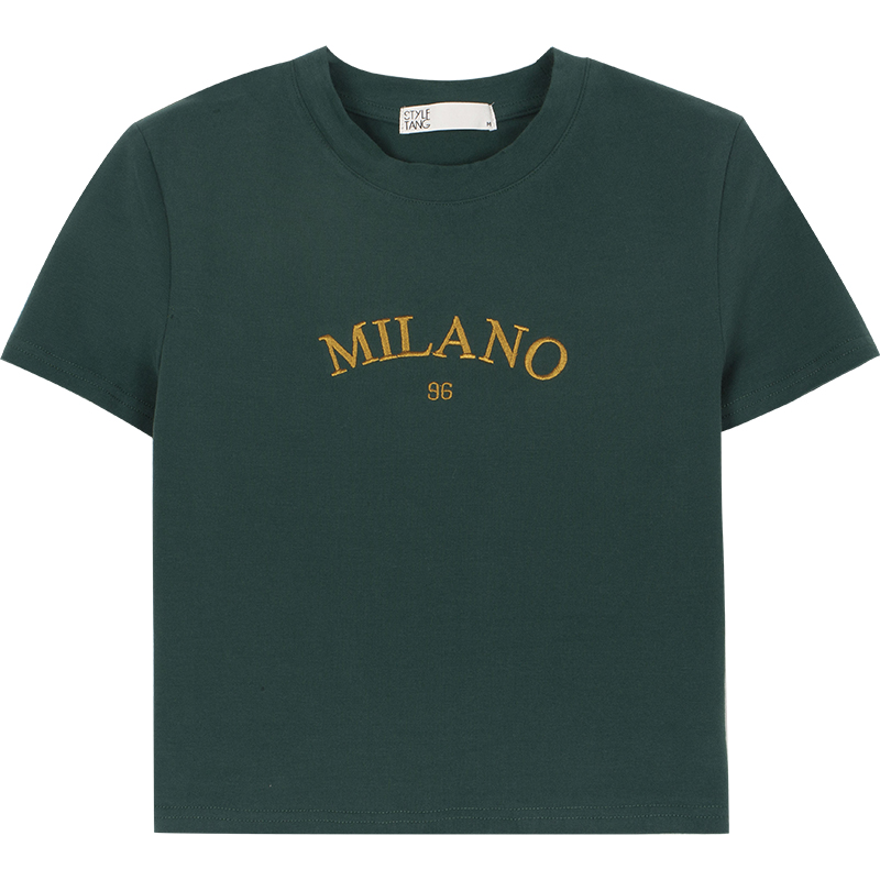 American Retro Dark Green Letter Embroidery Short Short Sleeve Dark Green - Shop at LoveMi