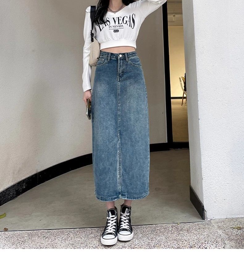 Retro Slit Denim Skirt For Women Summer Thin High Waist Medium Long A-line Hip Wrap One-step Skirt
