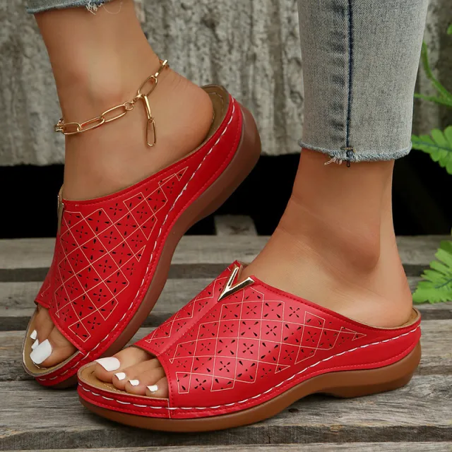V Letter Slippers Women Wedges Sandals Summer Roman Shoes Red - Shop at LoveMi