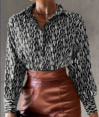 All Over Print Button Up Shirt Workwear Elegant Business Casual Women Button Up Shirt Women Black And White - Shop at LoveMi