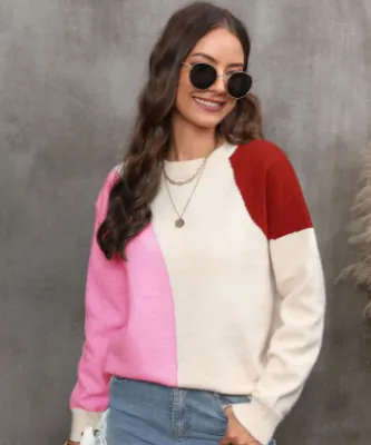 Sweater Pullover Personality Stitching Color Matching Large Size Slim Bottoming Sweater Pink - Shop at LoveMi