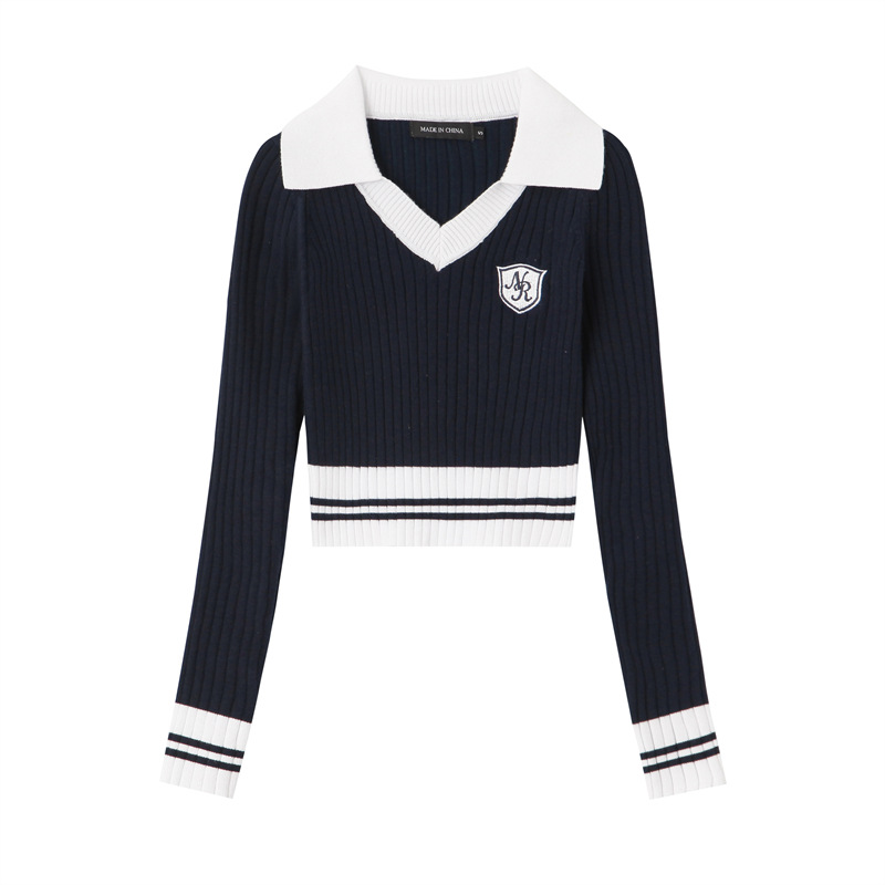 Women's Preppy Style Colorblock Long-sleeved Knitted Short Slim Top - Image 7