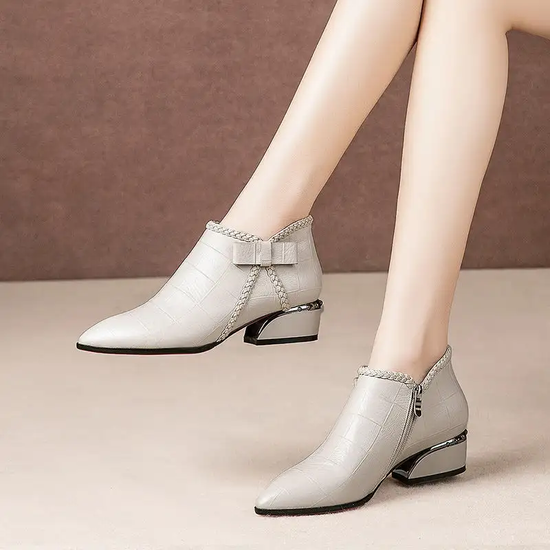 Women's Boots,  Boots, Bow-knot Side Zipper Square Root Mid-heel Ankle Boots