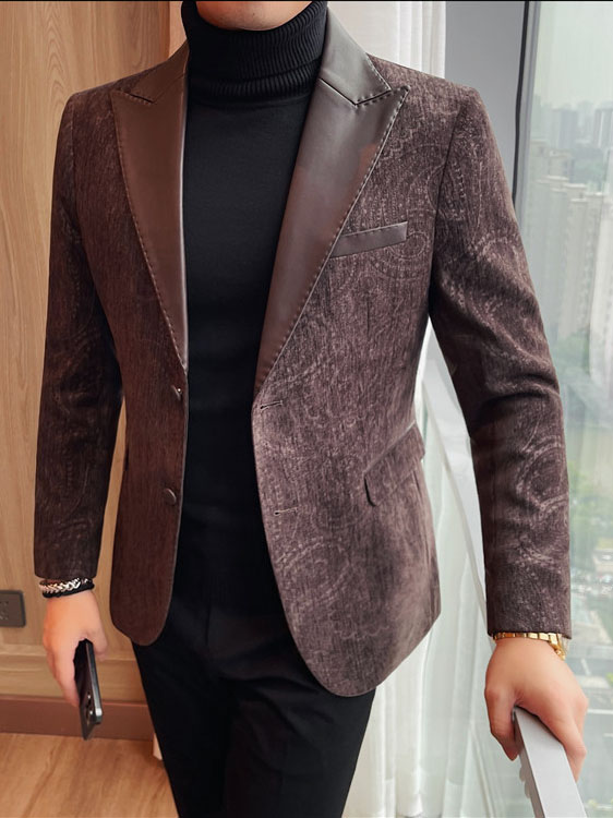 Jacquard Velvet Leather Lapel Men's Blazer
