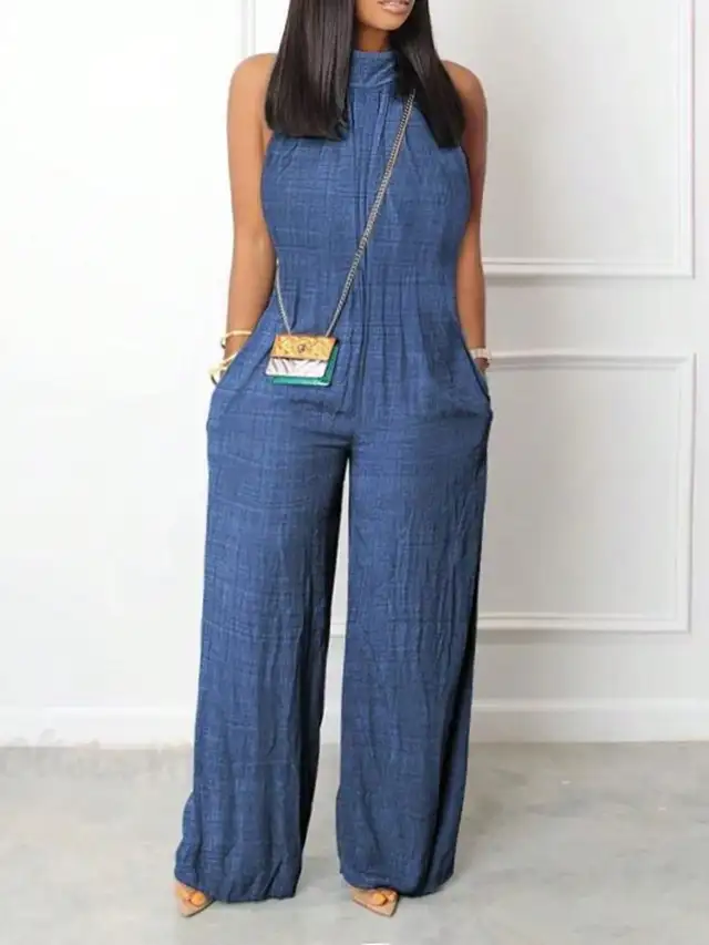 Sleeveless Halter Ruffled Young Women's Jumpsuit Blue - Shop at LoveMi