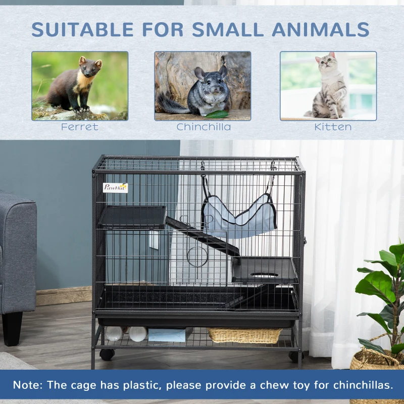 Small Animal Cage With Wheels, Pet Playpen For Rat, Syrian Hamster, Kitten, Ferrets, Chinchillas With Bottom Storage Shelf, Removable Tray, Ramp