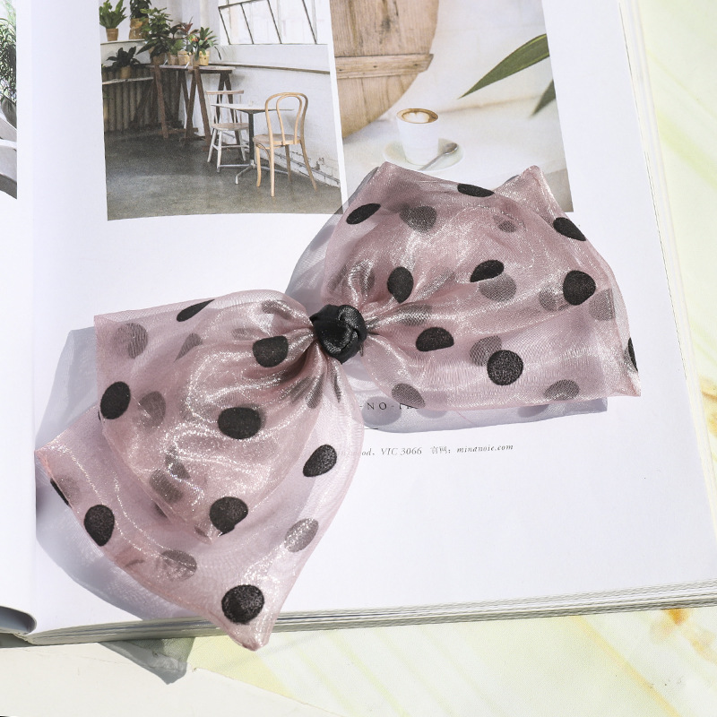 Polka Dot Mesh Bow Hairpin Spring Clip Pink - Shop at LoveMi