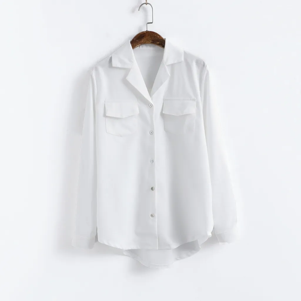 Long Sleeved Autumn Suit Collar Satin Shirt Women - White