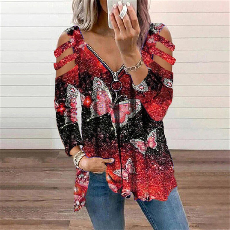V-Neck Butterfly Print Zipper Long Sleeve T-Shirt Top