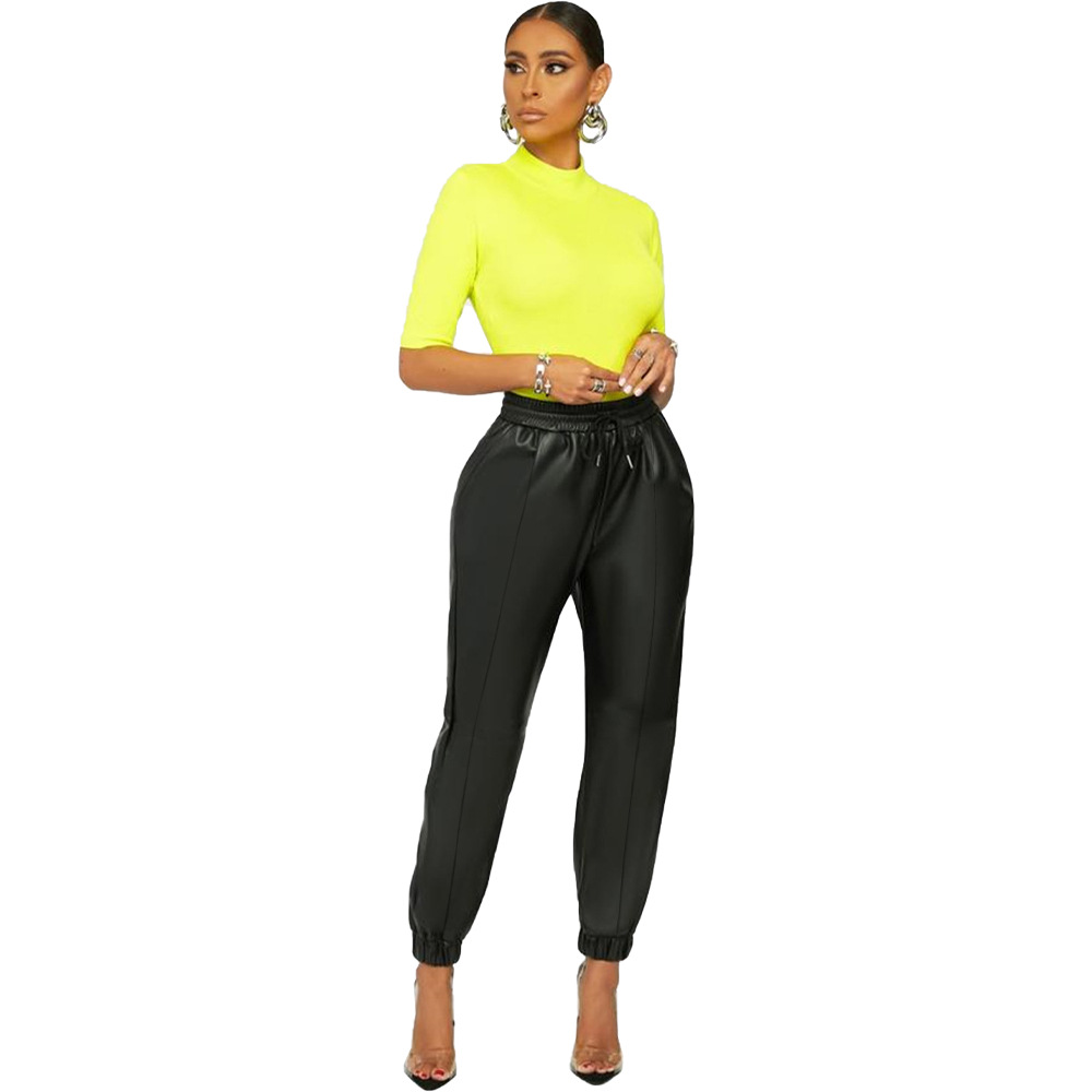 Solid Sexy PU Leather Casual Pants Yellow - Shop at LoveMi