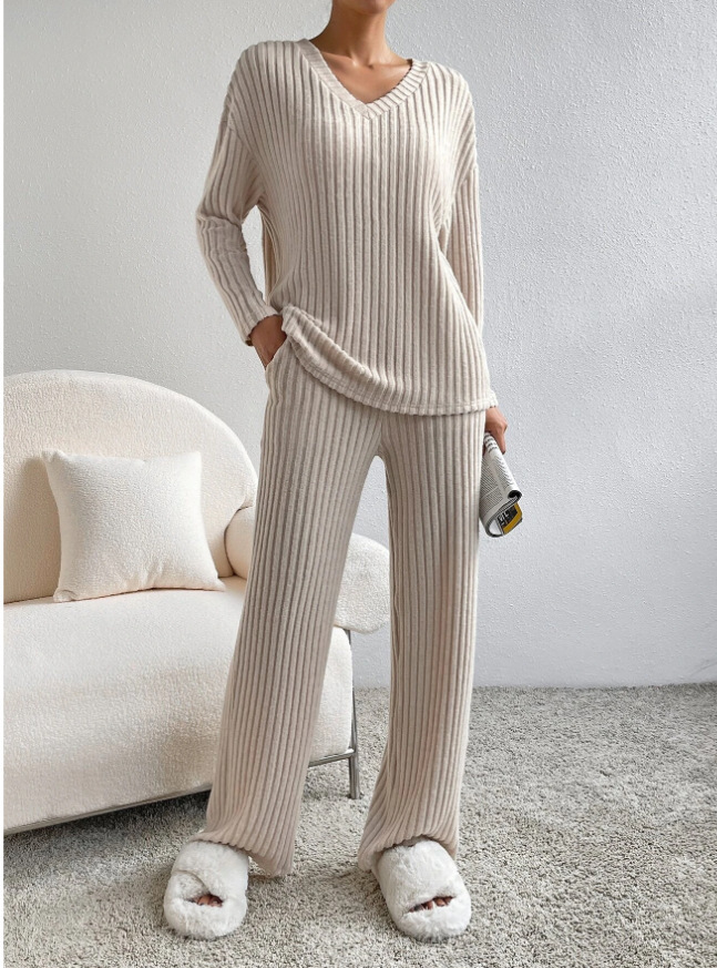Fashion Solid Striped Suit V neck Long sleeved Top And Casual Straight Pants Loose Temperament Women's Clothing Apricot - Shop at LoveMi