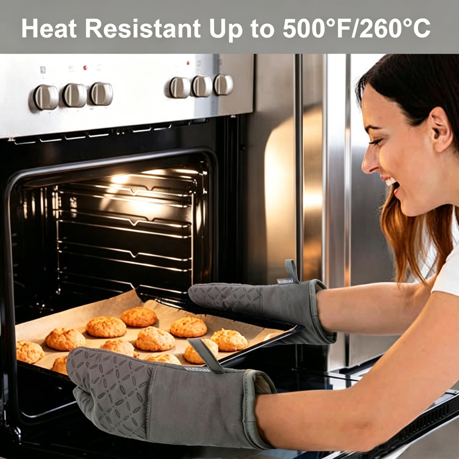 Oven Mitts And Pot Holders 6 PCS, High Heat Resistant Kitchen Gloves Up To 500 Degree With Extra Long Non Slip Silicone Surface, Gray 3