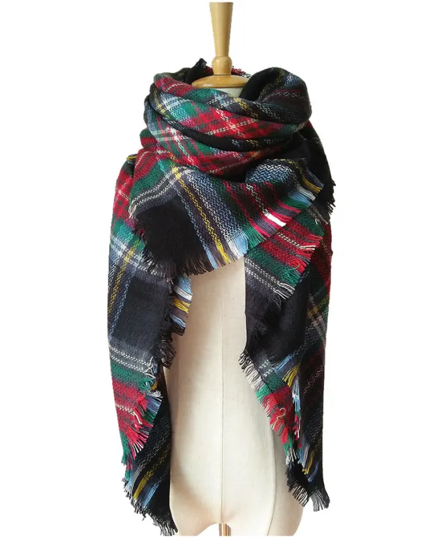 Cashmere like Double sided Colorful Plaid Scarf Dark Green Colorful Grid - Shop at LoveMi