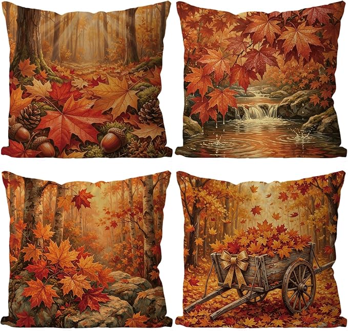 4-Piece Fall Pillow Covers, 18x18 Inch Maple Leaf And Pumpkin Throw Cushion Cases For Autumn Thanksgiving Decor