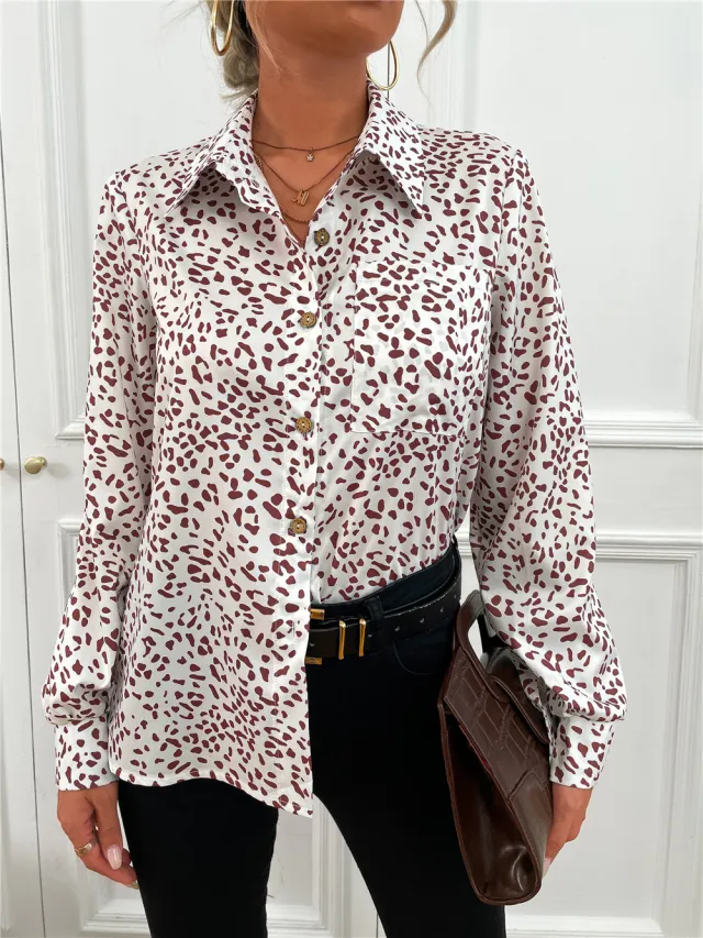 European And American Lapel Printed Shirt Apricot Leopard Print - Shop at LoveMi