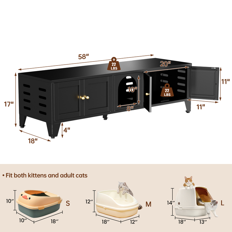 58in Metal Cat Litter Box Enclosure, Hidden Litter Furniture For 2 Cats, Large Indoor Cat House TV Stand Cabinet W Ventilation & 2 Compartments, Black Modern Pet Washroom W Adjustable Legs — foto 3
