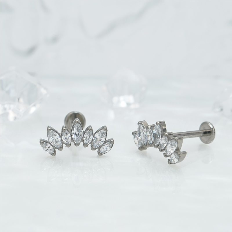 1 Pair Of Women's Earrings, 16 Gauge Implant Grade Titanium Internally Threaded Labret With Marquise And Round CZ Fan Top,Geometric Glow Earrings, Crystal Clusters Blooming