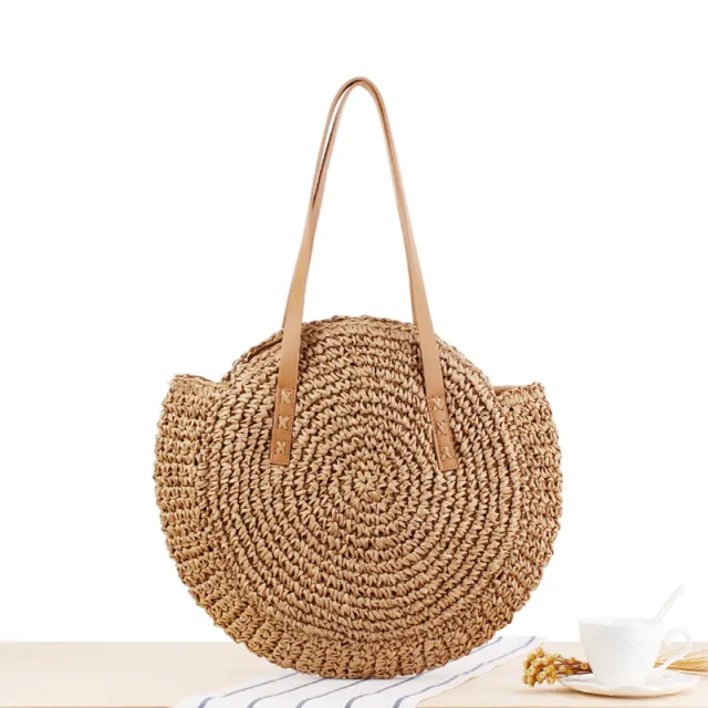 Simple Round Shoulder Bag Straw Handbag Summer Beach Bags Camel - Shop at LoveMi