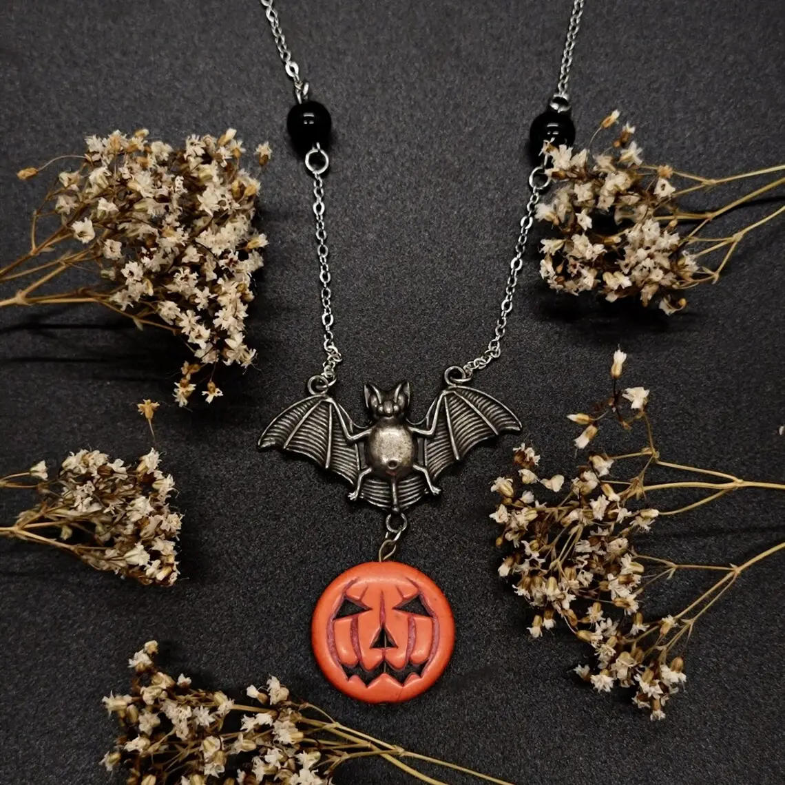 Fashionable And Exquisite Pumpkin Head Pendant Necklace Dark Bat