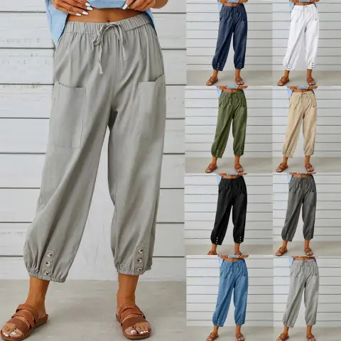 Women Drawstring Tie Pants Spring Summer Cotton and Linen