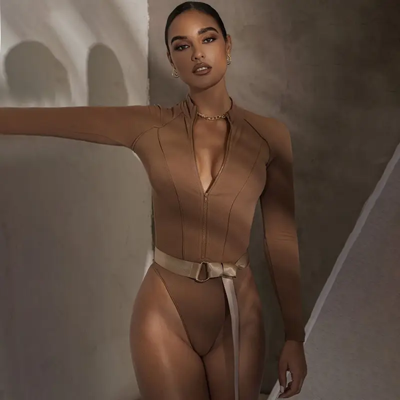 Women's Solid Color Long Sleeve Breast Showing Bodysuit