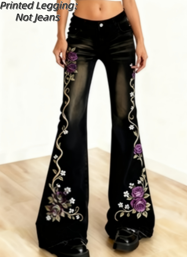 Ladies' Casual And Fashionable Retro Printed High-waisted Single-button Flared Pants, Comfortable Fake Jeans Can Modify The Leg Shape