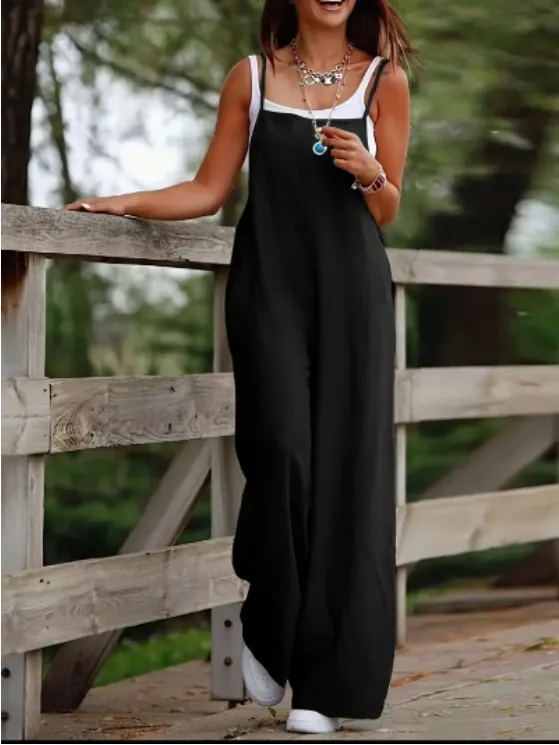 Women's Casual Solid Color Wide Leg Overall Jumpsuit Black - Shop at LoveMi