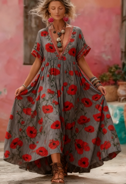 Women's Printed Elegant V-Neck Long Dress