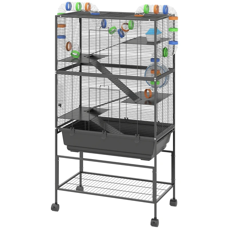 PawHut 5 Tier Hamster Cage, Rolling Rat Cage With Deep Tray, Storage Shelf, Big Exercise Wheel, Hut, Tube System
