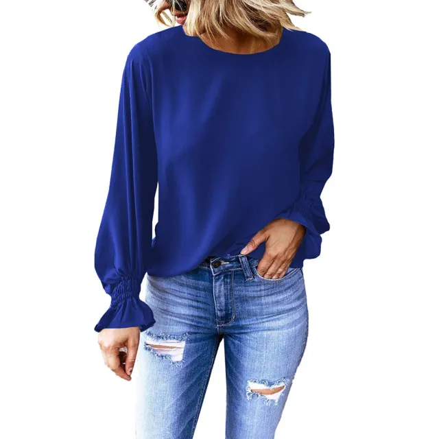 European And American Foreign Trade Loose Round Neck Cover Loose Chiffon Shirt Blue - Shop at LoveMi